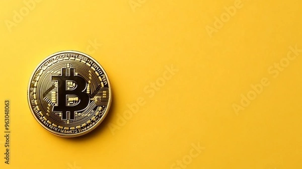 Fototapeta Golden Bitcoin on a yellow background, minimalistic design with copy space for text