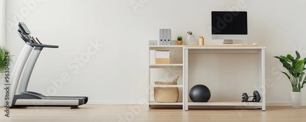 Fototapeta Small home office with adjustable shelving and fitness equipment, compact and practical