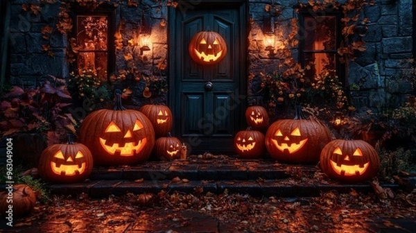 Fototapeta Lit jack-o-lanterns line the steps of a stone house, creating a spooky and festive Halloween atmosphere.