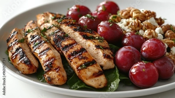 Fototapeta Enjoy a colorful plate featuring grilled chicken with fresh grapes and a mixed salad