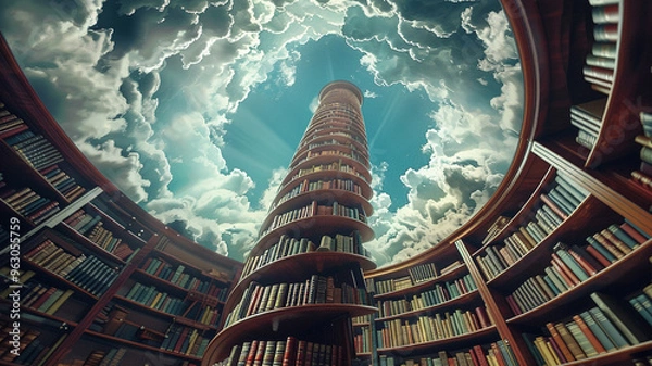 Fototapeta a library scene with a spiral book tower reaching towards the sky