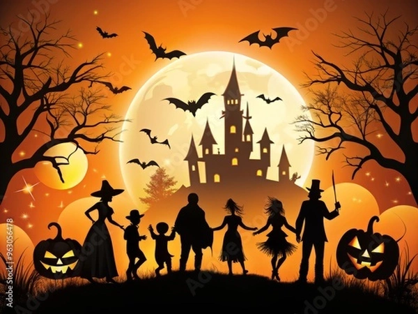 Fototapeta Spooky silhouette characters in Halloween settings with ornate details and intricate designs