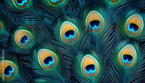 Fototapeta A beautiful background of vibrant peacock feathers