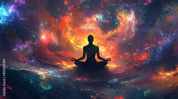 Fototapeta A silhouette of a person meditating in a vibrant, abstract nebula.  Cosmic energy and tranquility merge. .