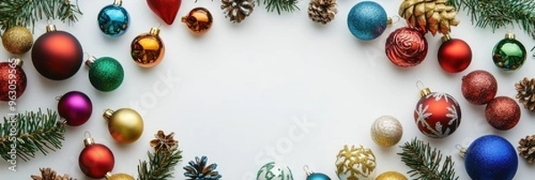 Fototapeta Flat lay of Christmas tree ornaments arranged in a circle with a blank space in the center