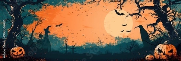 Obraz Charming Halloween poster showcasing spooky pumpkins, bats, and a haunting orange sky backdrop