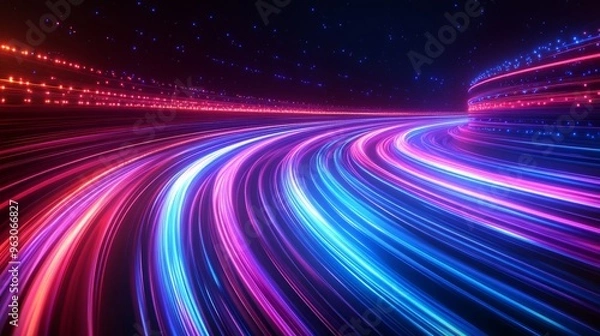 Fototapeta Abstract glowing lines of pink and blue light swirl around a black background.  .