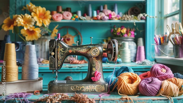 Fototapeta an image of a bohemian-inspired craft room with a colorful yarn stash and vintage sewing machine