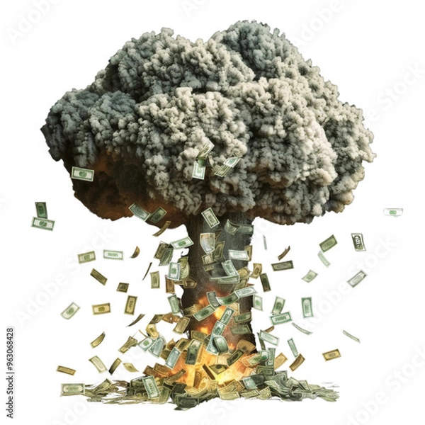 Fototapeta Atomic bomb explosion crafted entirely from cash money, symbolizing the explosive impact of financial power.