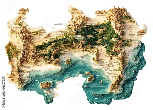 Fototapeta Topographic map highlighting diverse landscapes and water features isolated on transparent background