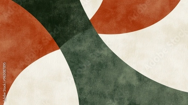 Fototapeta Modern abstract background featuring a bold geometric design of interlocking shapes in green, orange, and white, with a textured finish