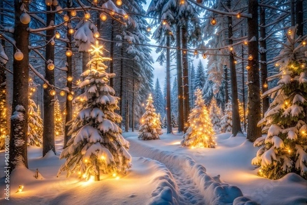 Fototapeta Magical winter wonderland with lit christmas trees in forest path at dusk