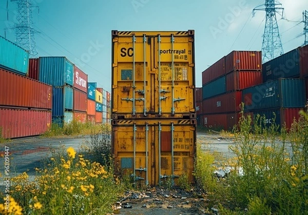 Fototapeta Stacked Shipping Containers in Industrial Area