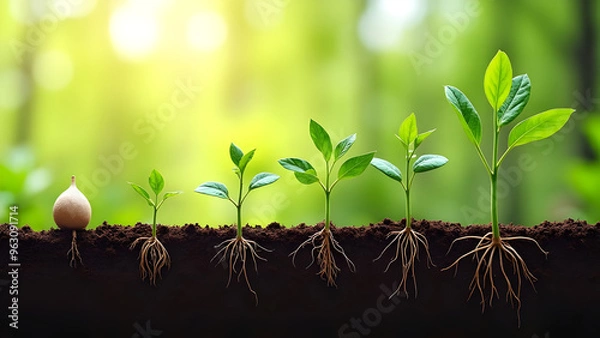Obraz Seedling Growth Stages with Visible Roots in Garden Setting