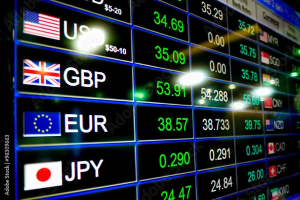 Fototapeta kurs wymiany walut na cyfrowym wyświetlaczu LED