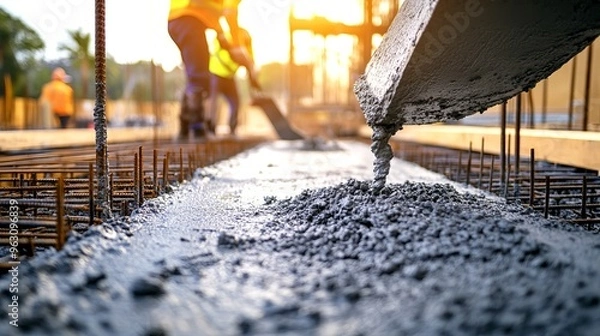 Fototapeta a construction site with workers pouring concrete into a foundation mold, surrounded by clean and organized building materials