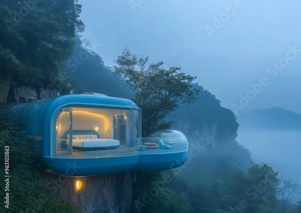 Fototapeta Cliffside Bubble Hotel in the Misty Mountains