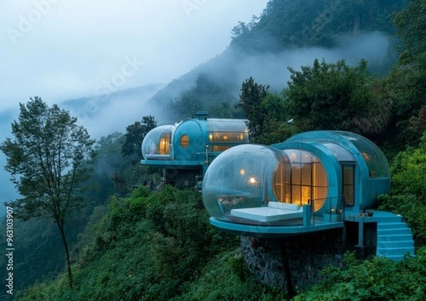 Fototapeta Cliffside Bubble Hotel in the Misty Mountains