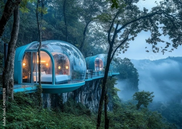 Fototapeta Cliffside Bubble Hotel in the Misty Mountains