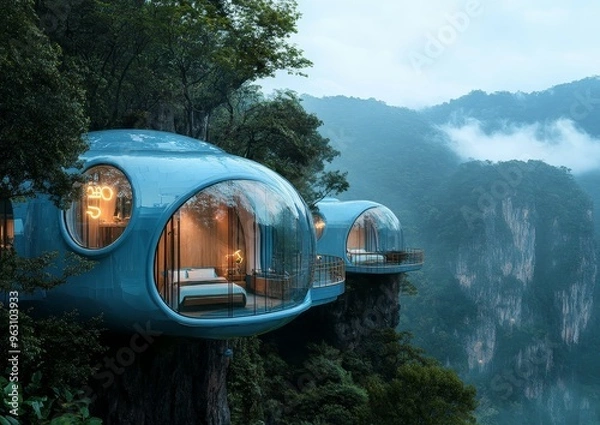 Fototapeta Cliffside Bubble Hotel in the Misty Mountains
