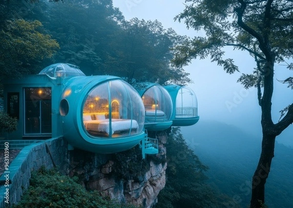 Fototapeta Cliffside Bubble Hotel in the Misty Mountains