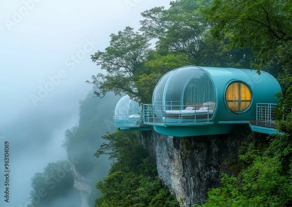 Fototapeta Cliffside Bubble Hotel in the Misty Mountains