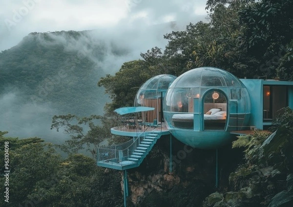 Fototapeta Cliffside Bubble Hotel in the Misty Mountains