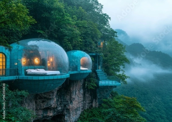 Fototapeta Cliffside Bubble Hotel in the Misty Mountains