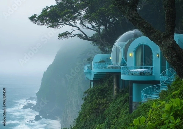 Fototapeta Cliffside Bubble Hotel in the Misty Mountains