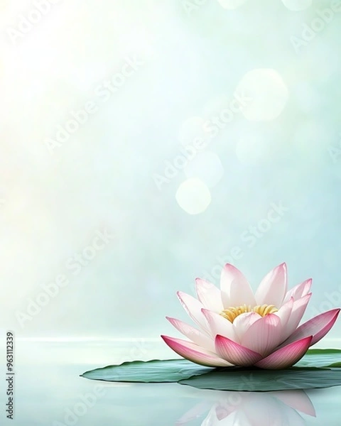 Fototapeta A serene image of a pink lotus flower resting gently on a leaf, symbolizing peace and tranquility in a calming environment.