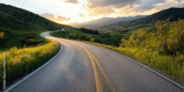 Obraz A winding asphalt highway stretching through lush green mountains under a dramatic sunset sky, with vibrant clouds, capturing the beauty of a serene road journey