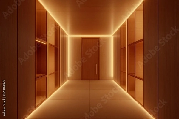 Fototapeta Illuminated modern hallway with wooden shelves in a minimalist design