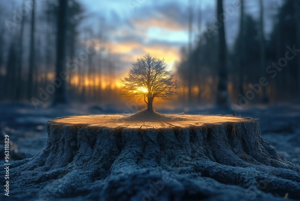 Fototapeta Dead tree turning into a new tree. Demonstrating the power of nature to regenerate and heal. Regrow revive concept or symbol.