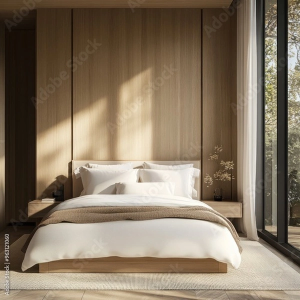 Fototapeta Serene Minimalist Bedroom: Natural Light & Warm Wood Accents
