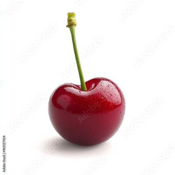 Fototapeta A bright, shiny red cherry with a green stem, resting on a clean white background