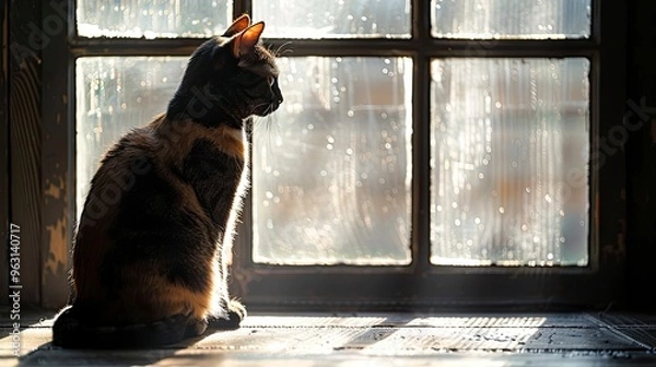 Fototapeta The shadow of a cat sitting by a window, with the sunlight creating a soft, elongated shadow of the catâ€™s profile on the floor