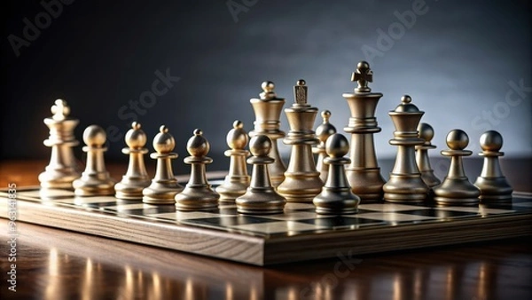 Fototapeta Minimalist chessboard with select pieces highlighting critical moments on World Chess Day, Chess