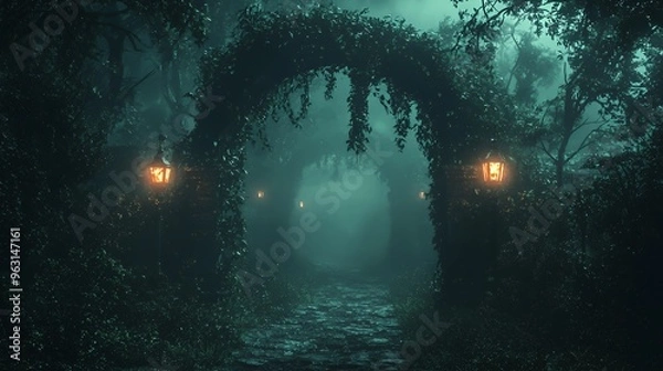 Fototapeta A mysterious, foggy forest path with a stone archway overgrown with vines and lanterns illuminating the way.