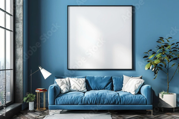Fototapeta Blank poster in blue living room background, generative ai image,