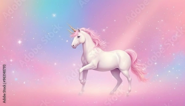 Fototapeta Rainbow unicorn pastel background with glitter stars. Pink cloudy fantasy sky. Cute holographic space. Fairy iridescent gradient backdrop Backgrounds