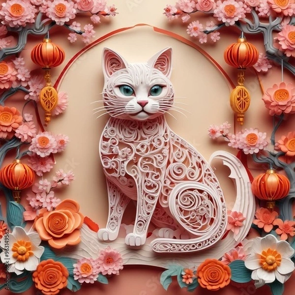 Fototapeta Festive Chinese Zodiac Cat Quilling Illustration with Lanterns and Peach Blossoms