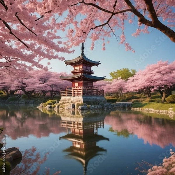 Fototapeta Japanese Pagoda in Cherry Blossom Reflection under Serene Ambient Lighting