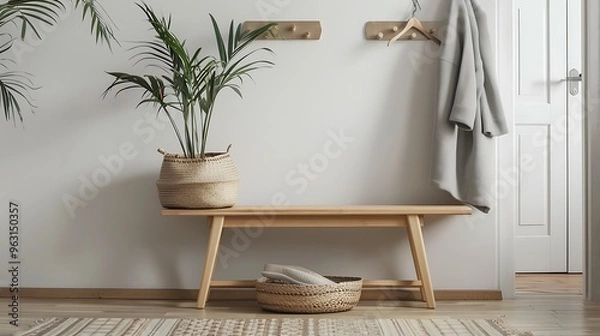 Obraz Cozy and inviting minimalist entryway showcasing a light wooden bench paired with a woven basket underneath a sleek coat rack holding a gray coat and a potted plant enhancing the modern design