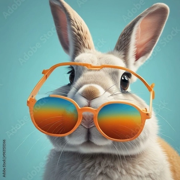 Fototapeta Stylish Rabbit in Orange Set on Pastel Blue Background