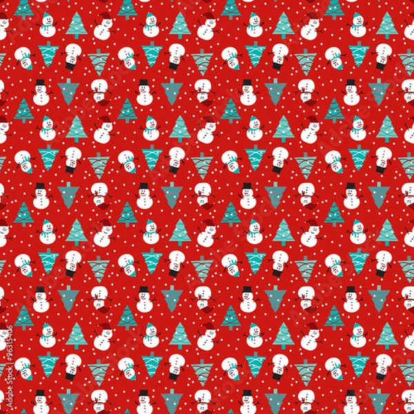 Fototapeta A snowman seamless pattern in red, blue, turquoise and white background for Christmas holiday.