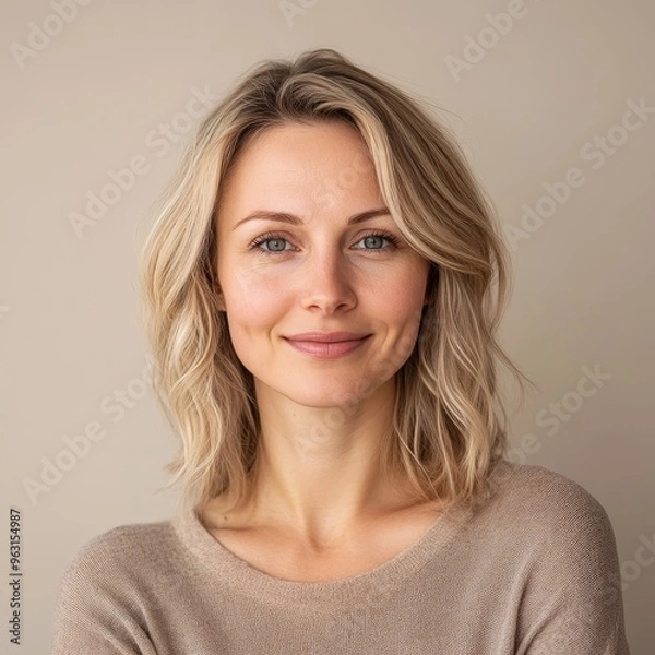 Obraz portrait of scandinavian smiling woman is 35 years old with blond hair on beige color background, closeup