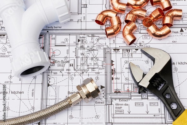 Obraz Elementy hydrauliczne rozmieszczone na planach domu