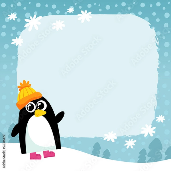 Fototapeta Vector penguin, winter snowy background