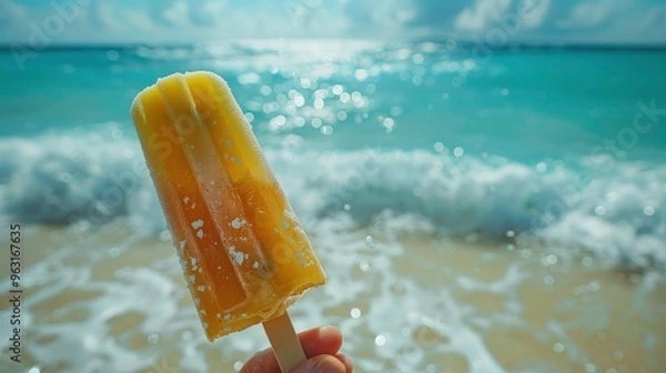 Fototapeta A close-up shot of a person holding a melting popsicle against a sunny beach background, with the ocean waves gently crashing in the distance. The popsicle's vibrant color contrasts beautifully with