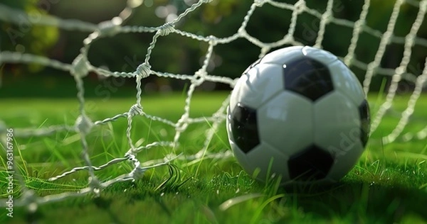 Fototapeta A soccer ball in the back of the goal net after a goal. The ball is wet, and grass is visible.